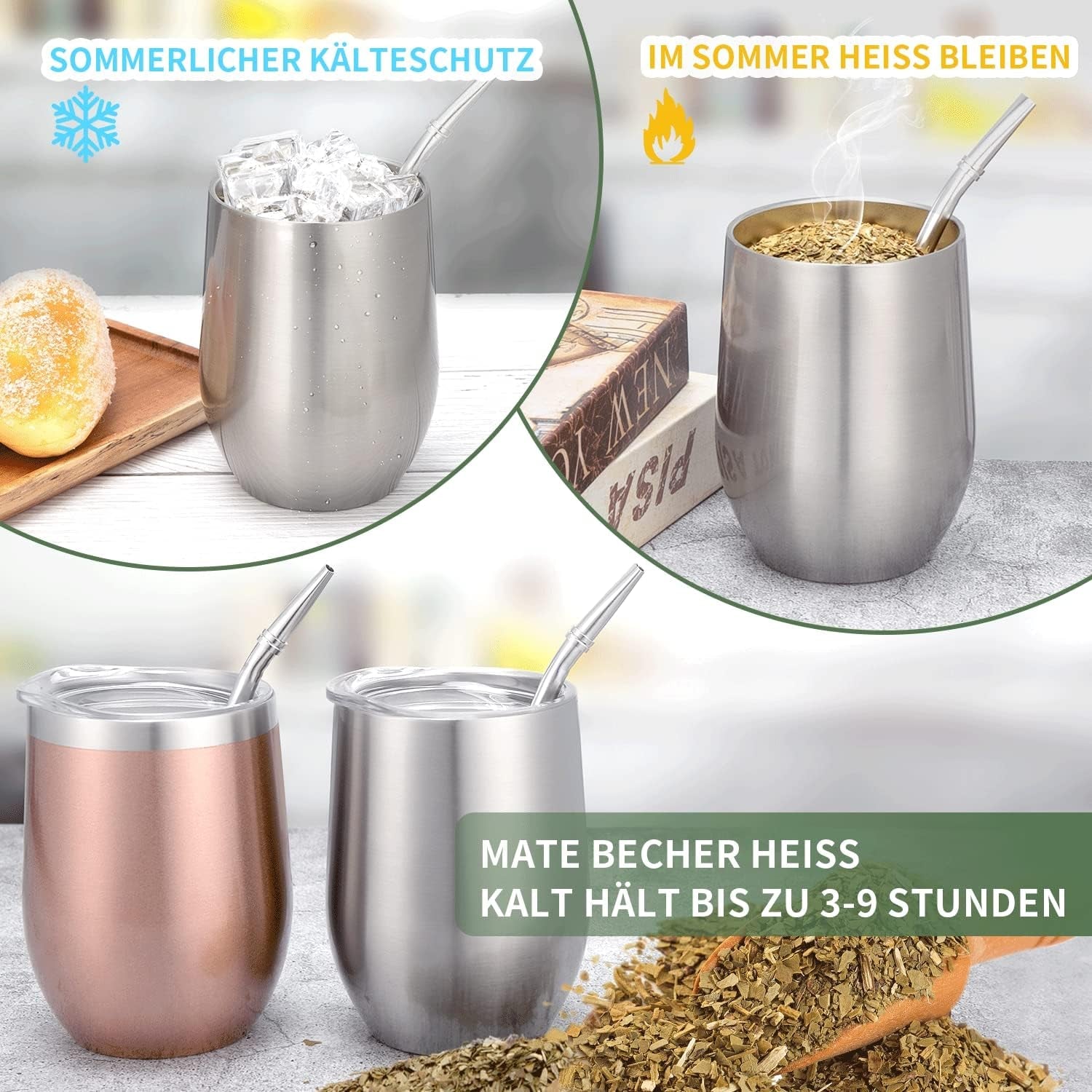 Taza Mate Moderna 340ml, Juego de Tazas de Yerba Mate de Acero Inoxidable con Doble Pared Aislante, Taza de Té Mate con Tapa Libre de BPA, Bombillas y Cepillo de Limpieza (Plata)