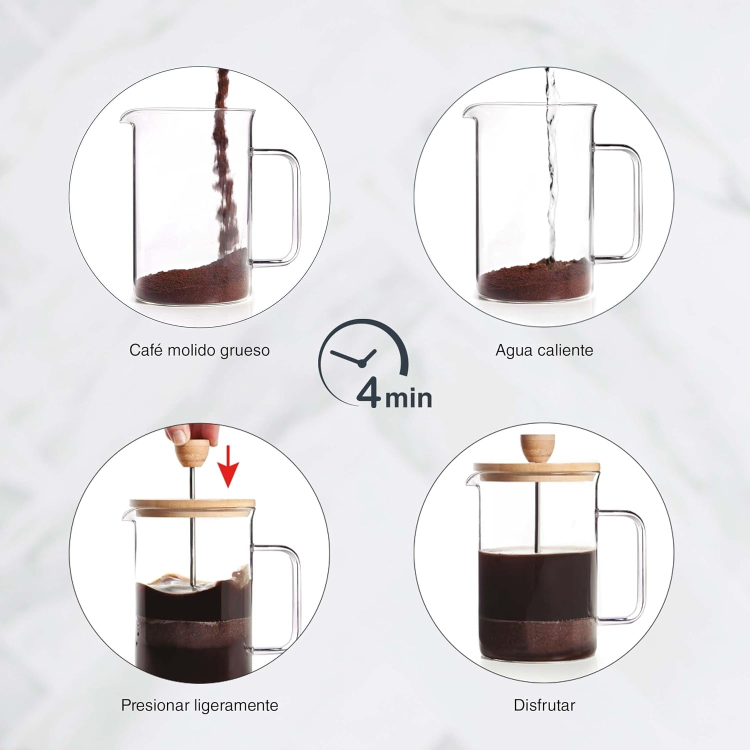 Cafetera Francesa, Prensa De Café, Cafetera De Émbolo, Cafetera De Filtro Francés, 3 Tazas, 0,35 L, Acero Y Madera