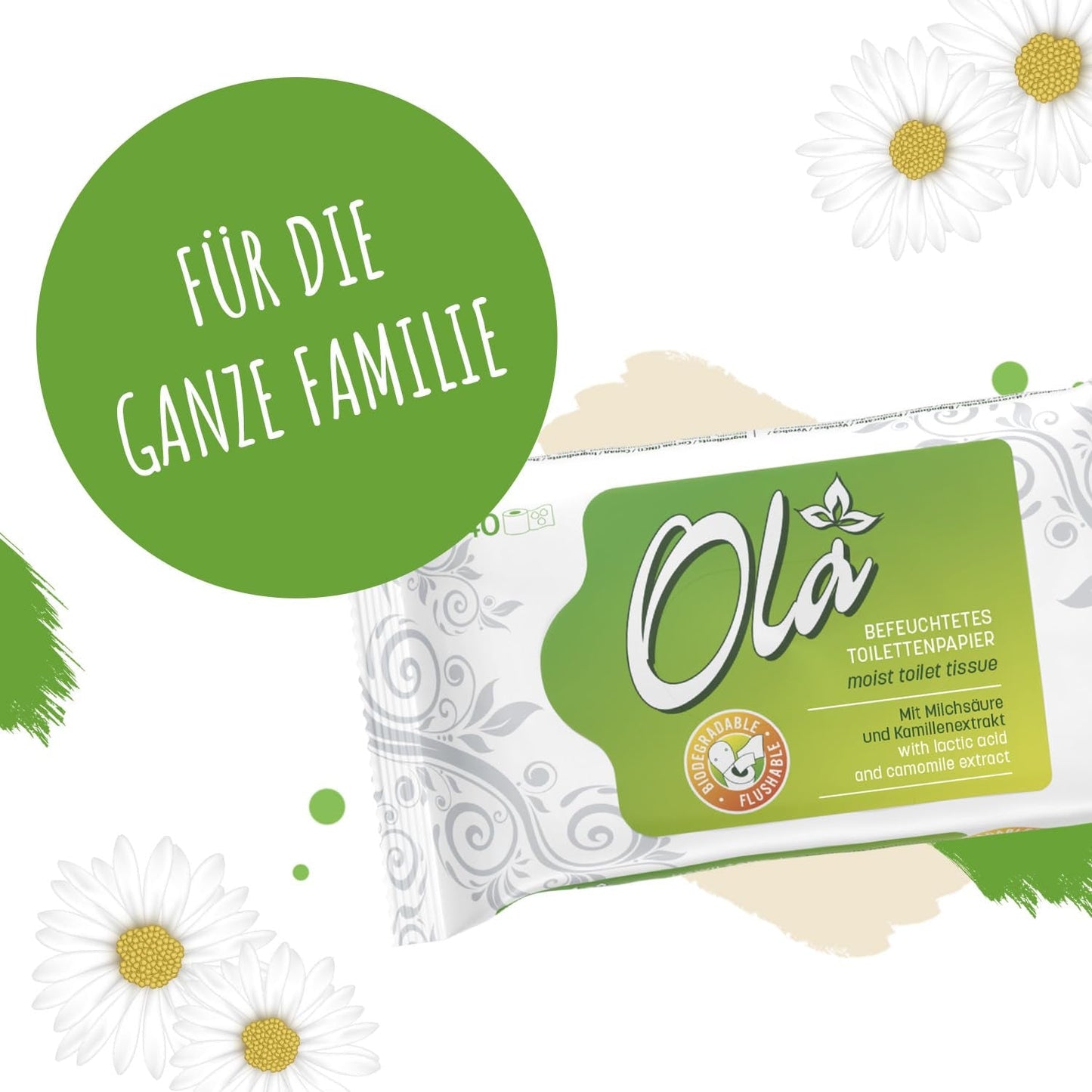 Papel higiénico húmedo OLA - (1X40 piezas) Toallitas húmedas - extracto de manzanilla y ácido láctico, lavables, piel sensible - 40 piezas