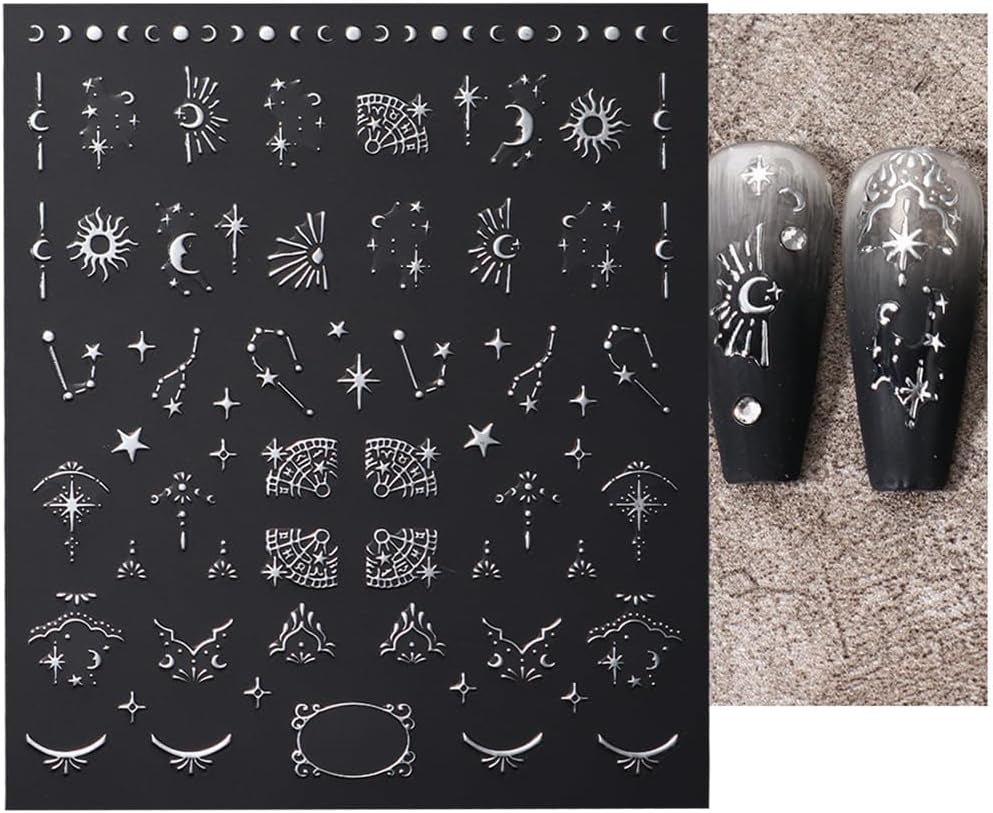 Pegatinas de uñas metálicas plateadas 3D, pegatinas de uñas para mujeres, estrella, luna, sol, láminas para uñas, pegatinas autoadhesivas, pegatinas de uñas de mariposa, pegatinas de uñas, accesorios de diseño de uñas, 8 piezas