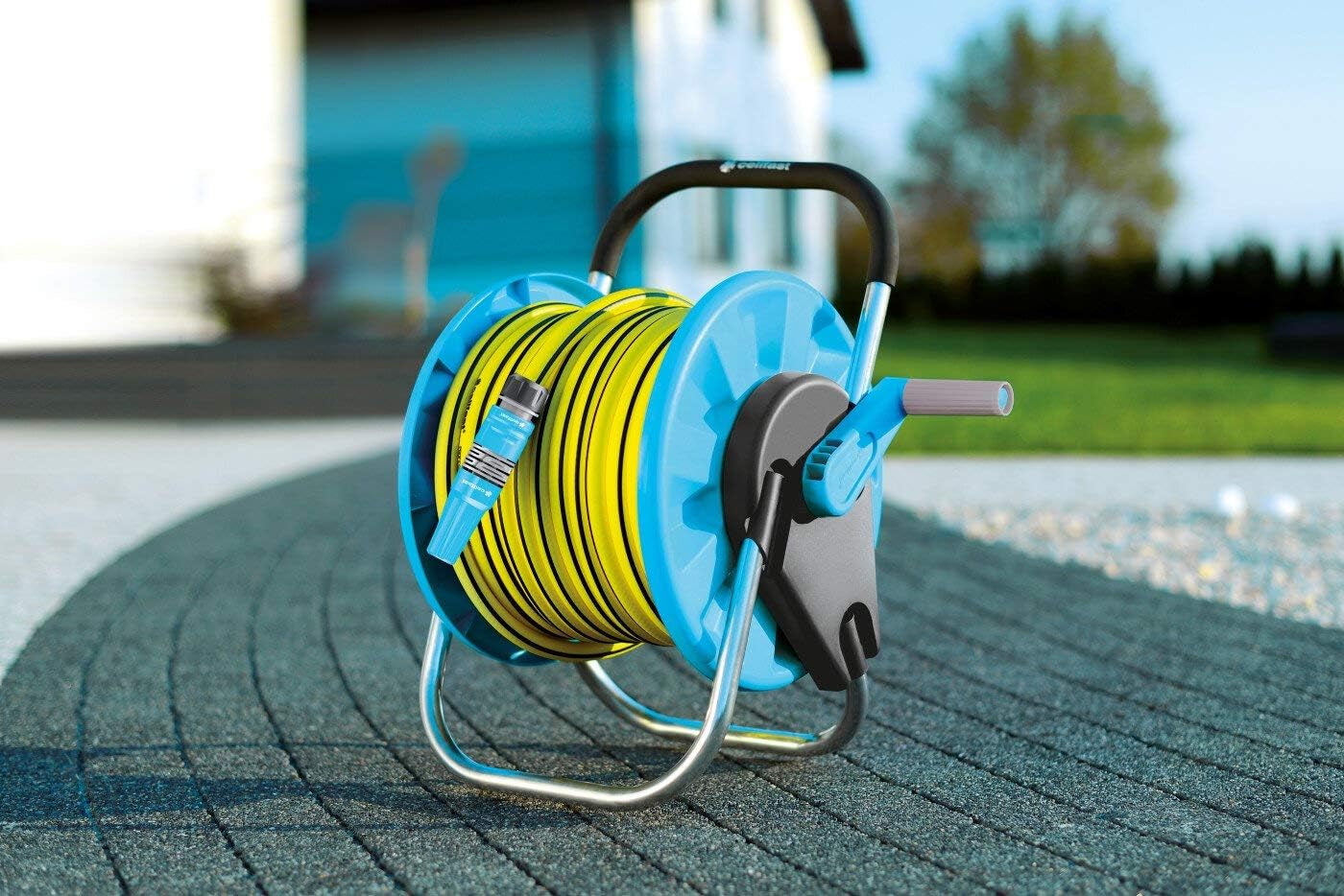 Carrete de manguera CELLFAST, carrete de manguera de jardín resistente a la corrosión, evita que la manguera se doble, 1/2" 45m Aluplus
