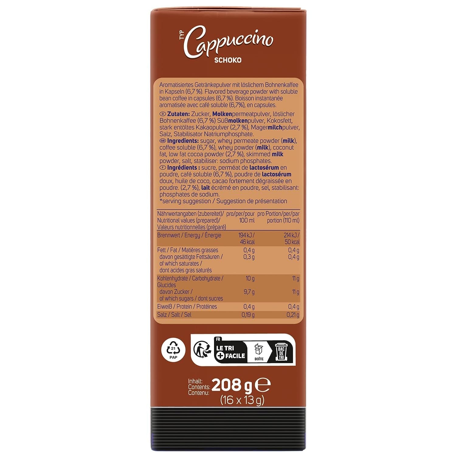 KRÜGER Cappuccino Schoko Cápsulas de café, compatibles con K-fee y ALDI EXPRESSI* Kapselmaschinen, café instantáneo aromatizado, 96 cápsulas