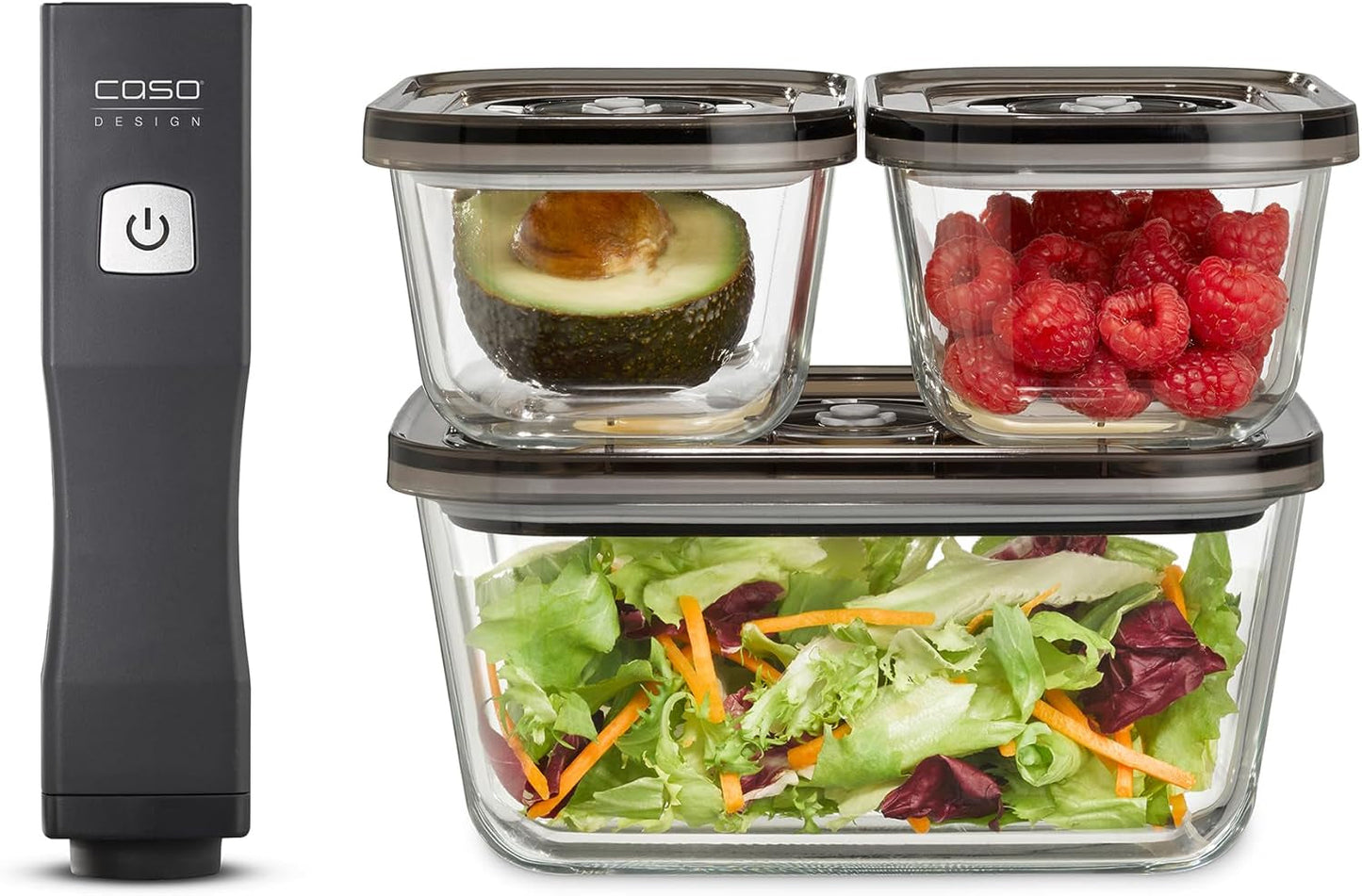 Set Caso Vacu OneTouch Eco, envasadora al vacío manual que incluye 3 recipientes de vidrio al vacío y VacuBoxx Eco-Duo S - recipiente para frescura al vacío / 2 recipientes de 500 ml cada uno Cajas para conservar alimentos Naty Shop