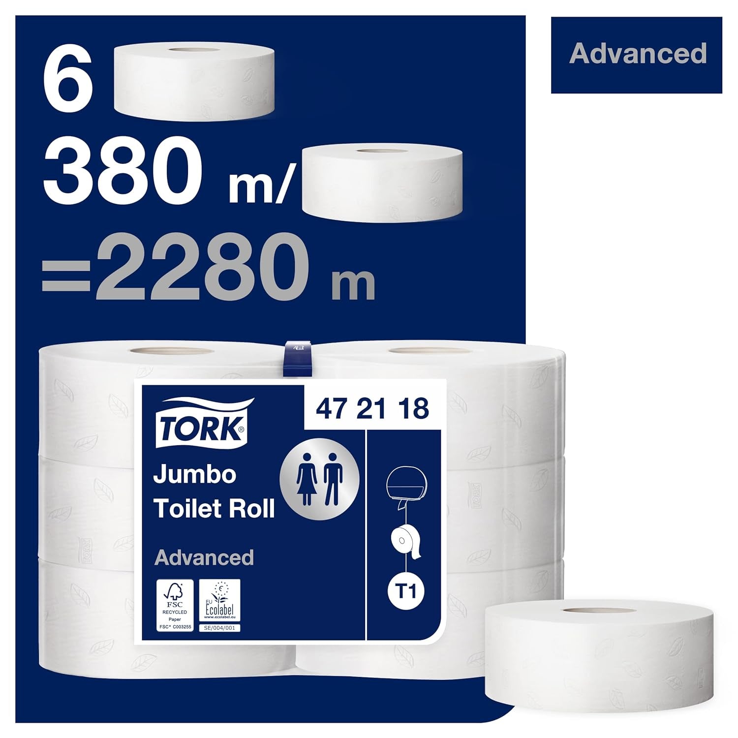 Papel higiénico Tork Jumbo White T1, Advanced, 2 capas, 6×380 M, 472118