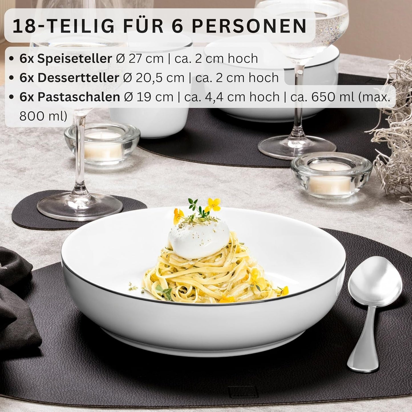 SANGER | Marlo Juego de vajilla con bordes blancos y negros, vajilla de porcelana de 18 piezas para 6, blanco con detalles en negro, platos llanos, platos de postre y tazones, diseño moderno | LA COLECCIÓN PREMIUM