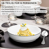 SANGER | Marlo Juego de vajilla con bordes blancos y negros, vajilla de porcelana de 18 piezas para 6, blanco con detalles en negro, platos llanos, platos de postre y tazones, diseño moderno | LA COLECCIÓN PREMIUM