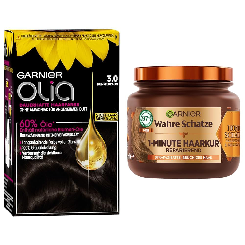 Garnier Color & Care Set: Coloración permanente Olia 3.0 Castaño oscuro + Tratamiento capilar reparador (340 ml) | Con miel de acacia y cera de abejas para brillo y flexibilidad | Tinte para el cabello sin amonia Naty Shop Título predeterminado