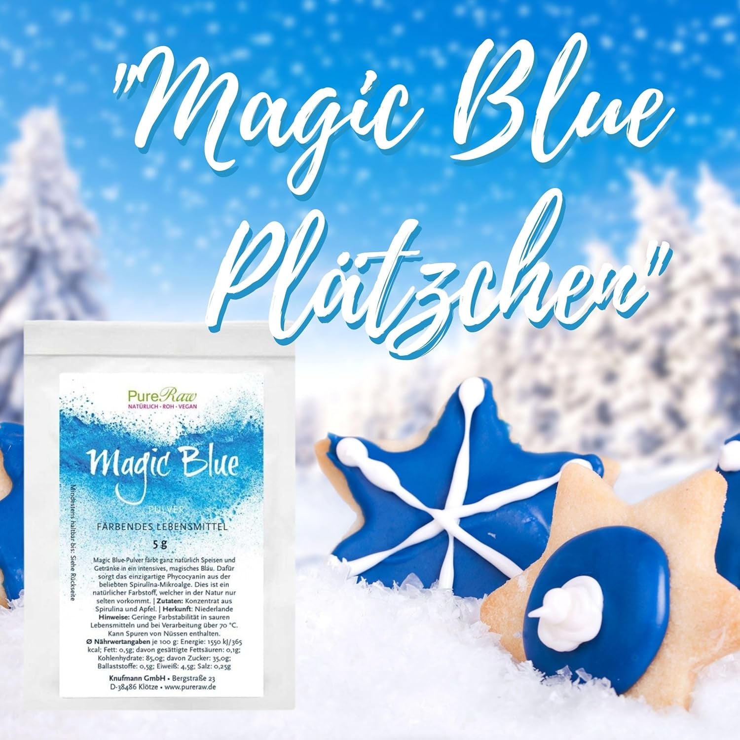 Colorante alimentario natural Magic Blue Spirulina Azul en polvo (crudo vegano) Azul oscuro a azul pastel claro - Colorante alimentario en polvo de algas ficocianinas - Colorante alimentario natural | Puro 5G