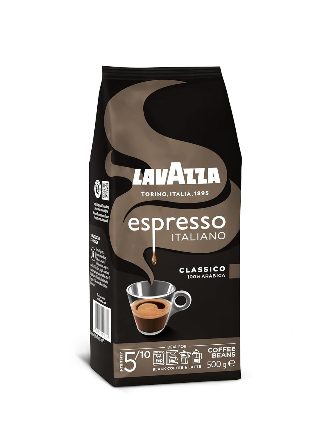 Café en grano Lavazza Espresso Italiano, 100% Arábica Espresso, equilibrado y aromático, paquete de 500g