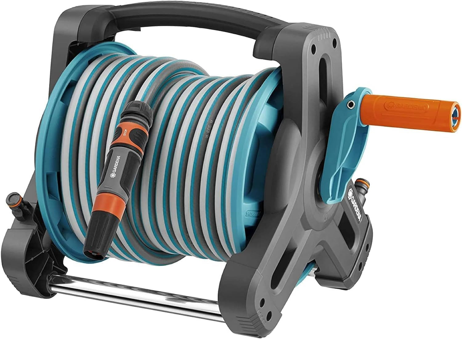 Gardena Classic Wall Hose Reel Set 50: Enrollador de manguera móvil, compacto, montable en la pared y extraíble en cualquier momento, con manguera de 20 m, boquilla pulverizadora y piezas de sistema (8009-20)