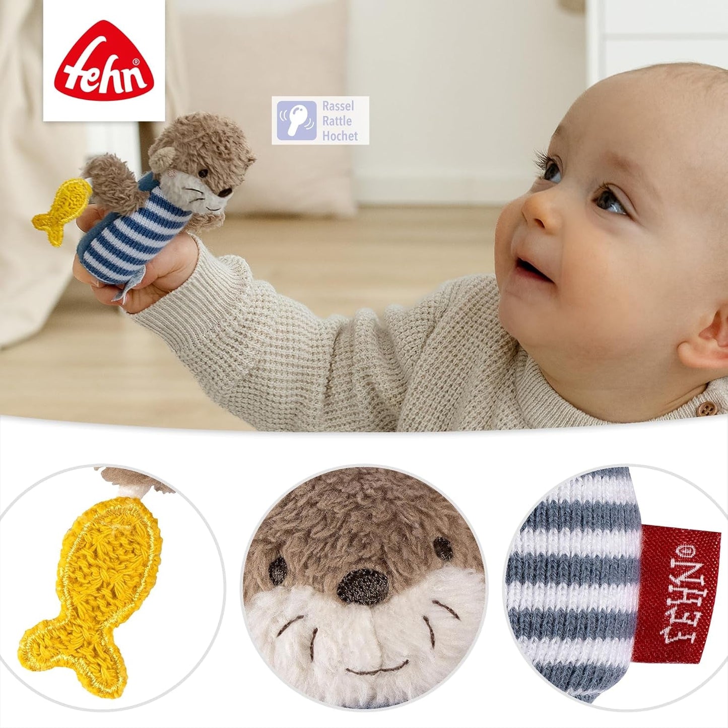 Fehn mini sonajero nutria - mini juguete de agarre para hacer sonar, tocar y jugar con un animal de tela suave y tierno - un fiel compañero para bebés y niños pequeños a partir de 0 meses Baby Toys Naty Shop