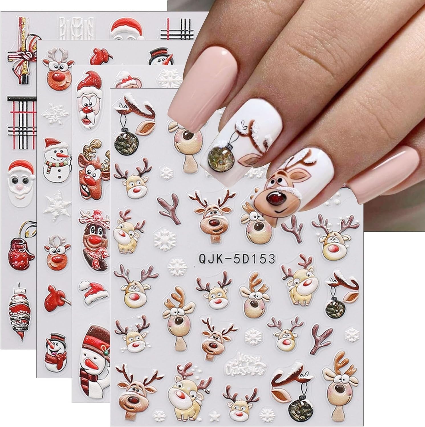JMEOWIO 3D Nagelsticker Weihnachten Nail Art Sticker Selbstklebend Nagelaufkleber 5D Stereoskopisch Schneeflocke Christmas Winterurlaub Niedlich Dekoration Nageldesign Zubehör 4 Blatt