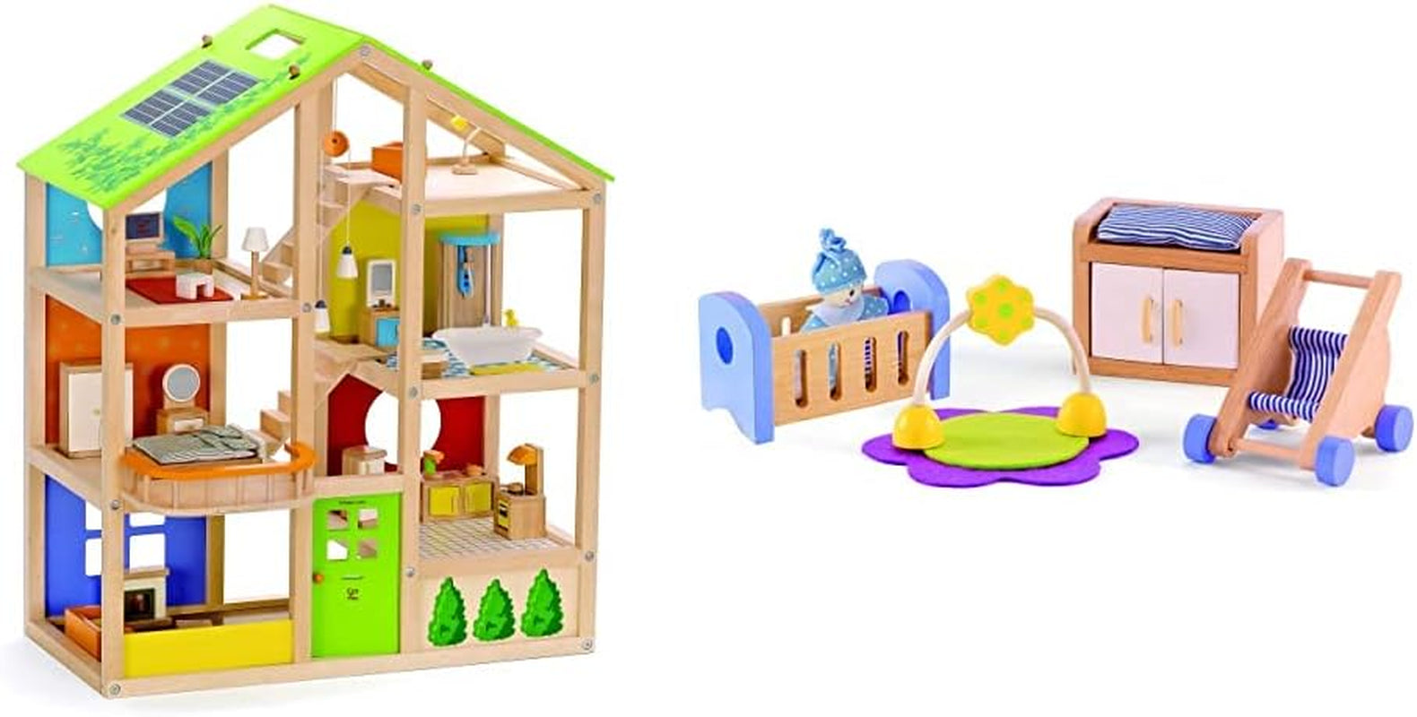 E3401 - Casa Cuatro Estaciones (Amueblada), Casa de Muñecas con Accesorios, de Madera y E3459 - Habitación Bebé
