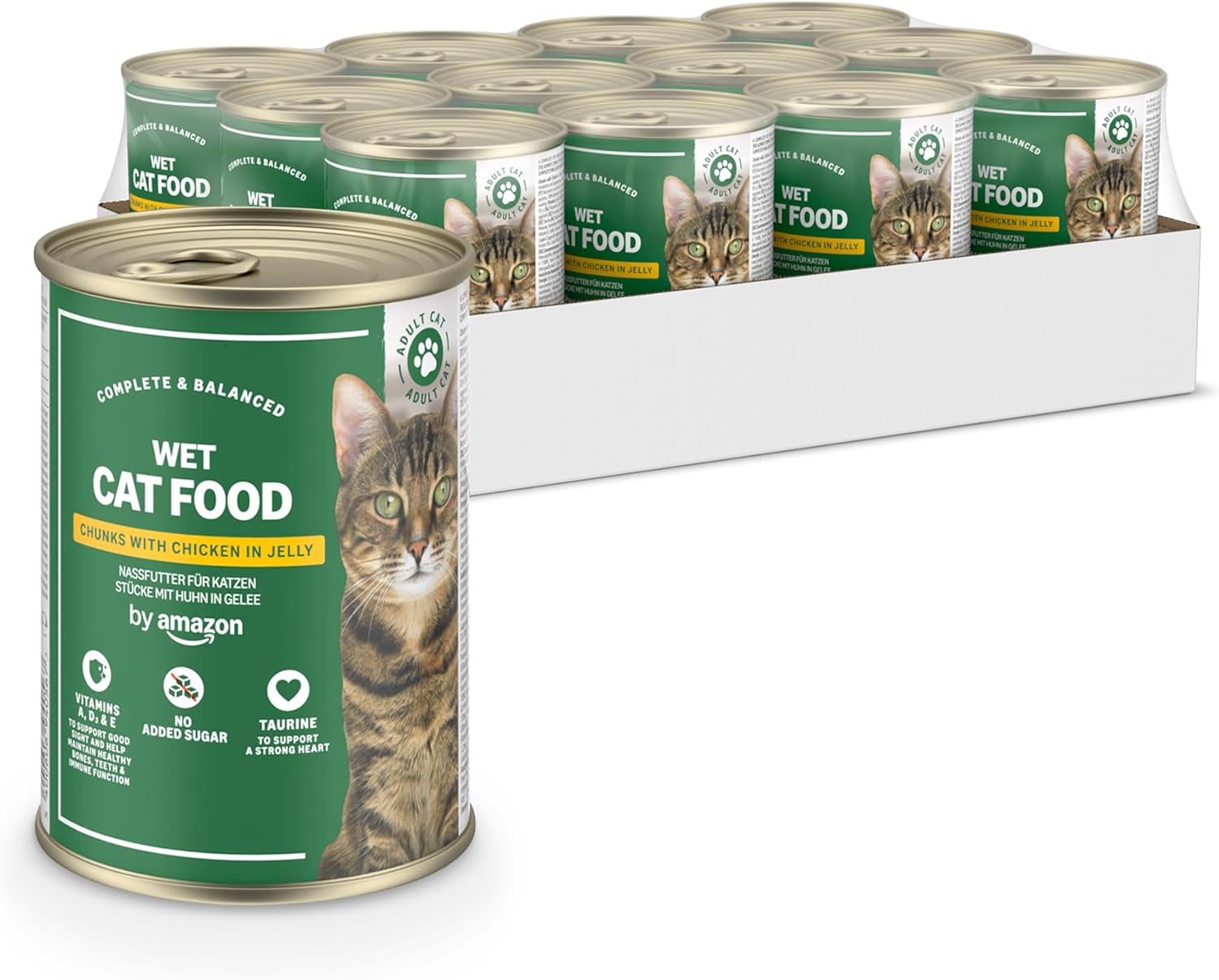 Amazon Comida húmeda para gatos sin cereales Trozos de pollo enlatados en gelatina 12 x 405 g