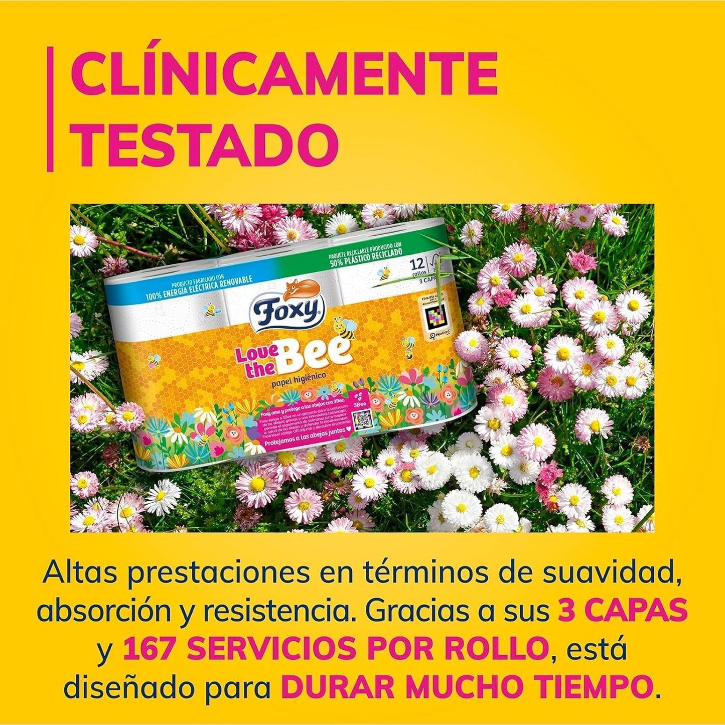 Amo la abeja | Papel higiénico de 3 capas | 48 rollos | 167 servicios en marcha | Certificado fsc | Electricidad 100% renovable | Envases reciclables fabricados con plástico reciclado.