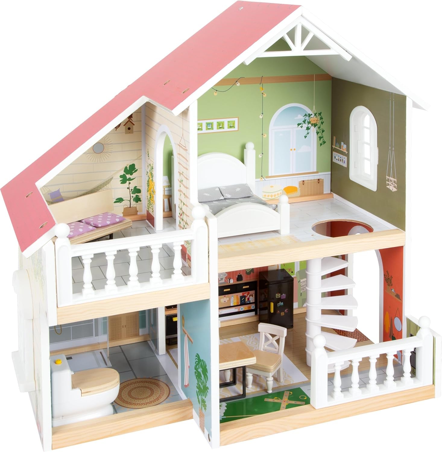 Casa de muñecas Small Foot Casa adosada de madera de 3 pisos con frente abierto y 12 muebles para 3 años en adelante 11802 Casas de muñecas gris blanco Naty Shop Casa de muñecas con azotea