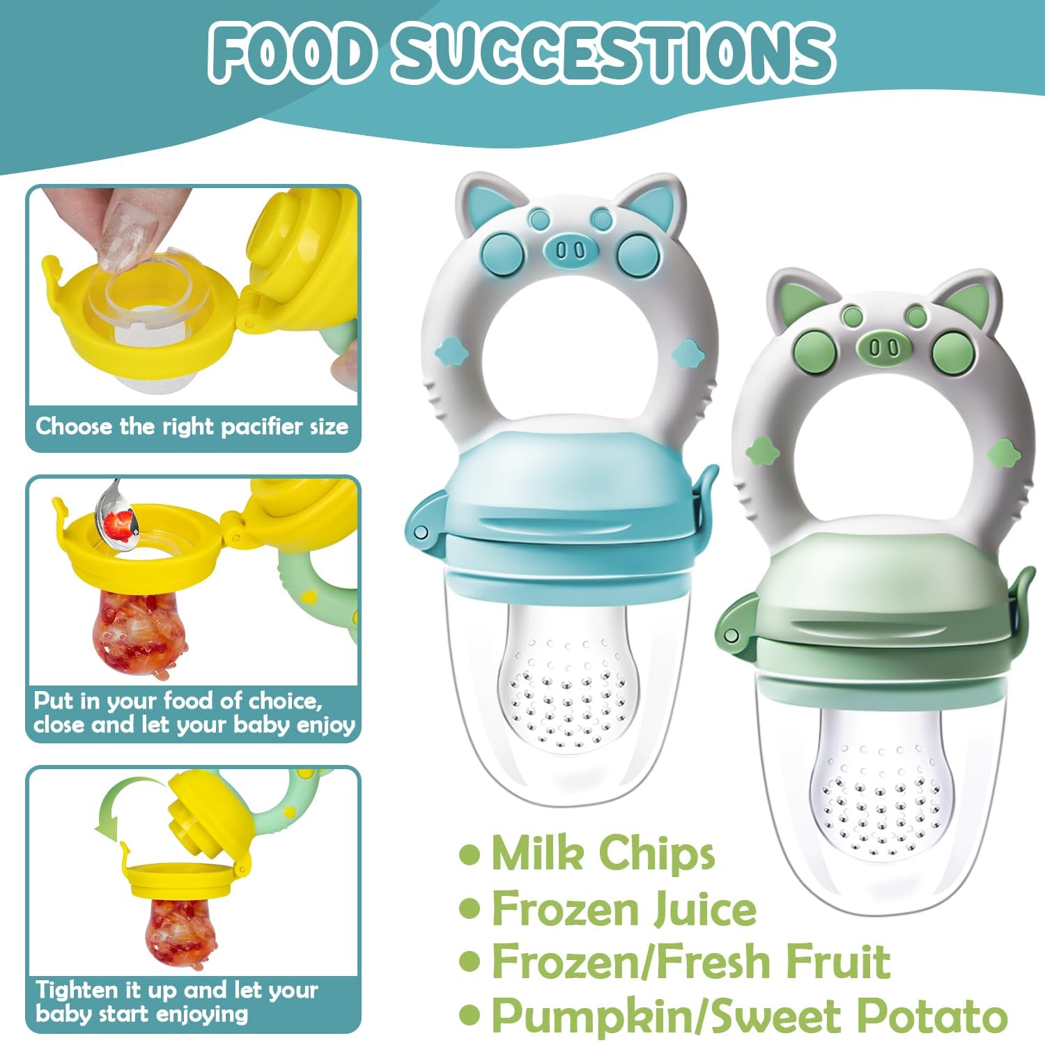 Chupetes de Frutas para Bebé, Pack de 2 Chupetes de Frutas para Bebés de 3 Meses en adelante Versión Mejorada 2023, Chupetes Rellenables, Chupetes de Gachas, Chupetes de Frutas para Bebés, Sin BPA, 8 Tetinas de Silicona en 3 Tamaños
