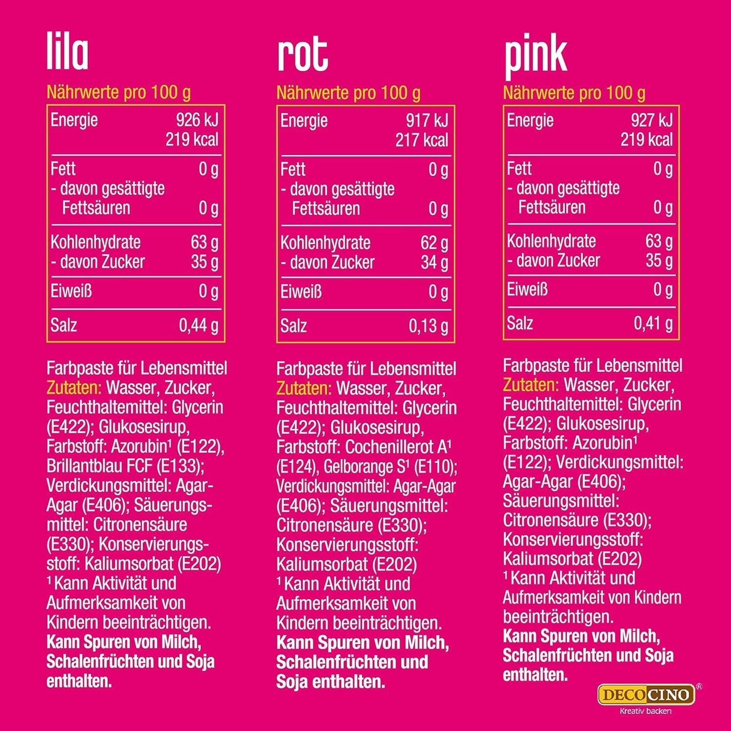 Decocino Juego de colorantes alimentarios de neón - 3 piezas - Rojo, rosa, morado - Colorante alimentario en dosis altas - Para colorear pasteles, muffins y cupcakes - Sin sabor