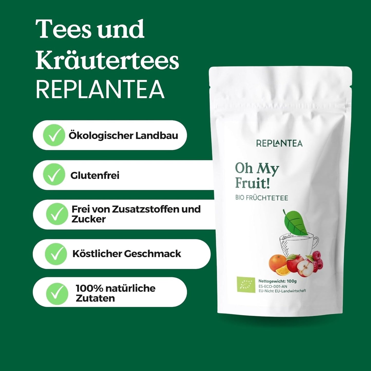 Oh My Fruit té de frutas BIO 100 g (50 tazas) | Té de frutas sueltas con manzanas, jamaica, frambuesas, naranjas y hojas de stevia REPLANTEA