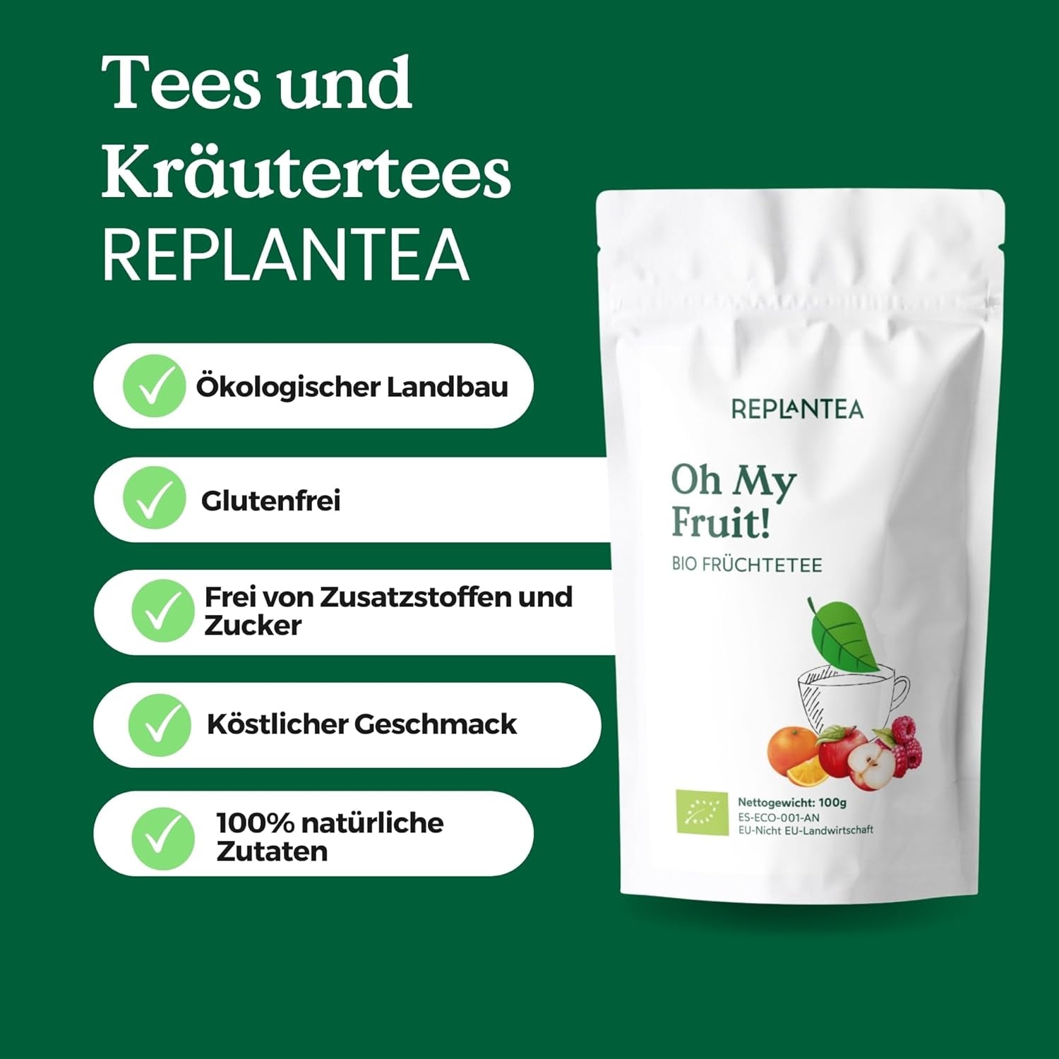 Oh My Fruit té de frutas BIO 100 g (50 tazas) | Té de frutas sueltas con manzanas, jamaica, frambuesas, naranjas y hojas de stevia REPLANTEA