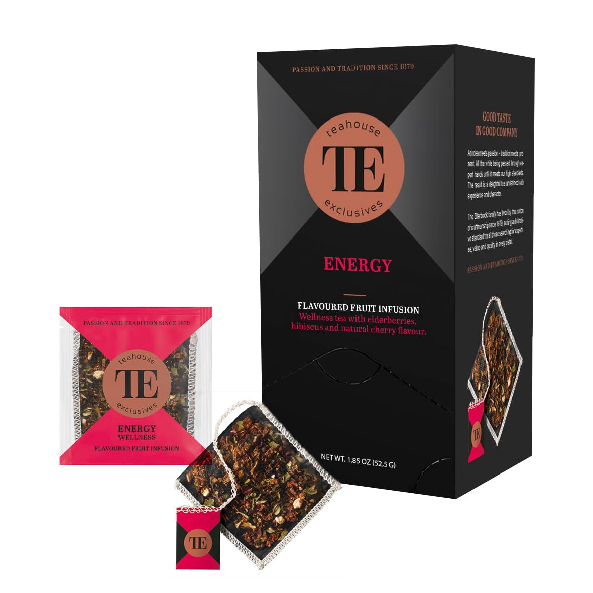 Teahouse Exclusives Luxury Tea Bag Energie, 15 bolsitas - Té de bienestar con sabor a saúco, hibisco y cereza natural
