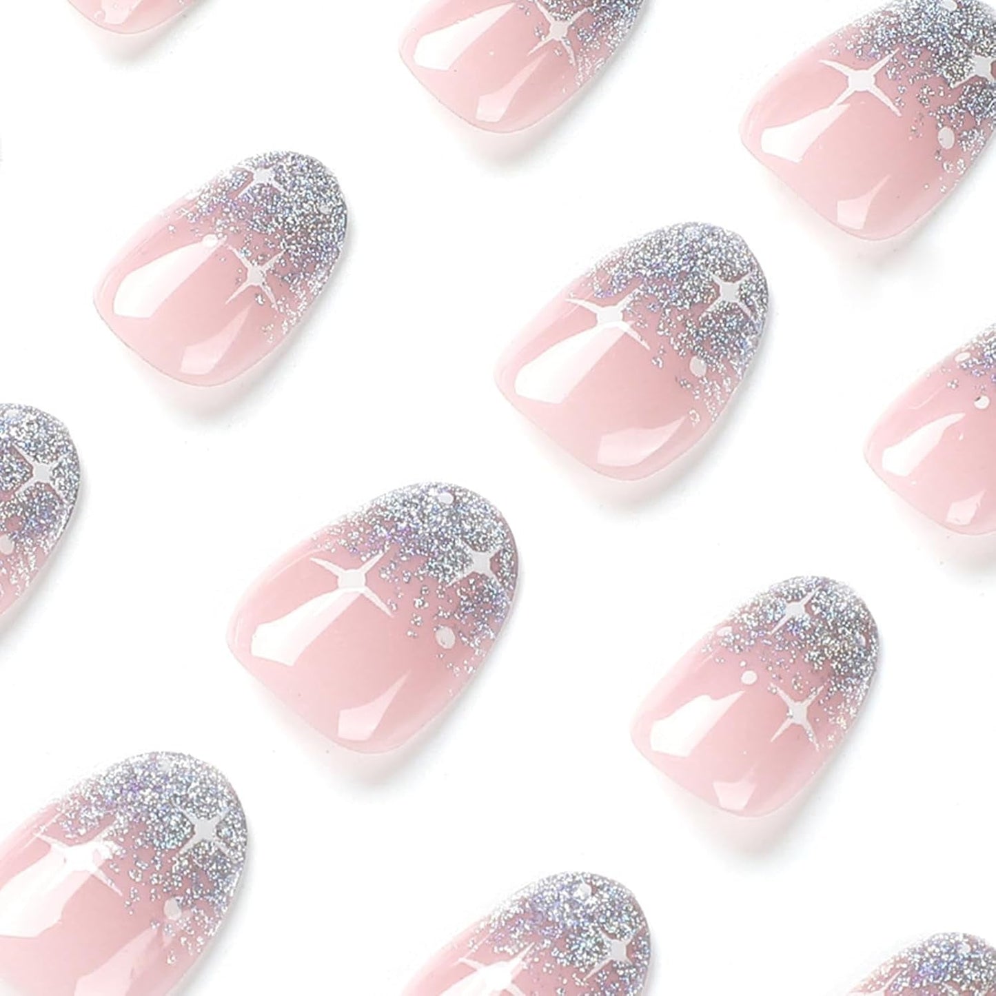 24 piezas de prensa francesa en uñas, diseño corto plateado brillante, uñas artificiales ovaladas, pegamento en uñas acrílicas brillantes, uñas postizas para mujeres y niñas