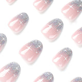 24 piezas de prensa francesa en uñas, diseño corto plateado brillante, uñas artificiales ovaladas, pegamento en uñas acrílicas brillantes, uñas postizas para mujeres y niñas