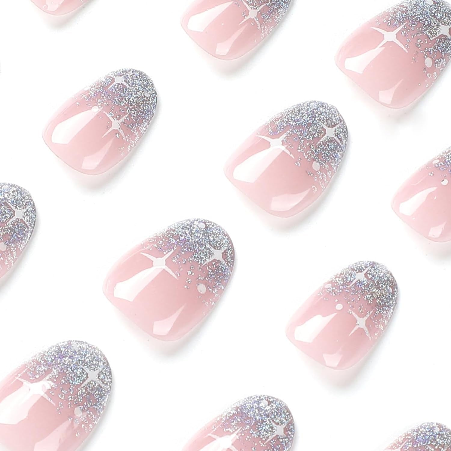 24 piezas de prensa francesa en uñas, diseño corto plateado brillante, uñas artificiales ovaladas, pegamento en uñas acrílicas brillantes, uñas postizas para mujeres y niñas