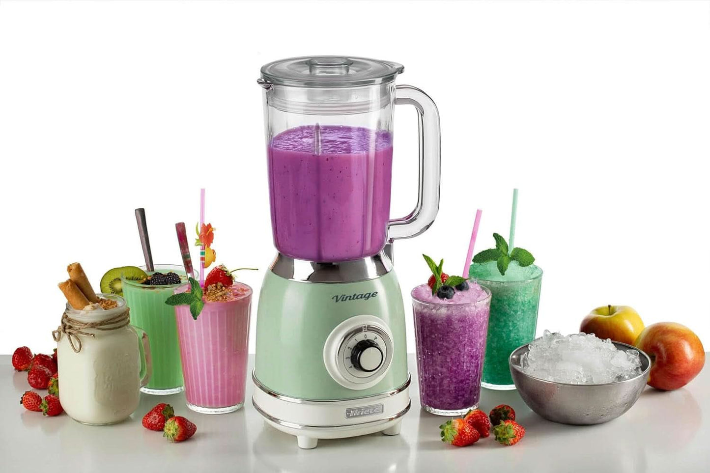 Ariete Vintage 583 Batidora de vaso, batidora multifunción retro con 4 grifos, 4 geschwindigkeiten + función de pulso, función de triturador de hielo, 1,5 litros de capacidad, 1000 W, Green Kitchen Naty Shop