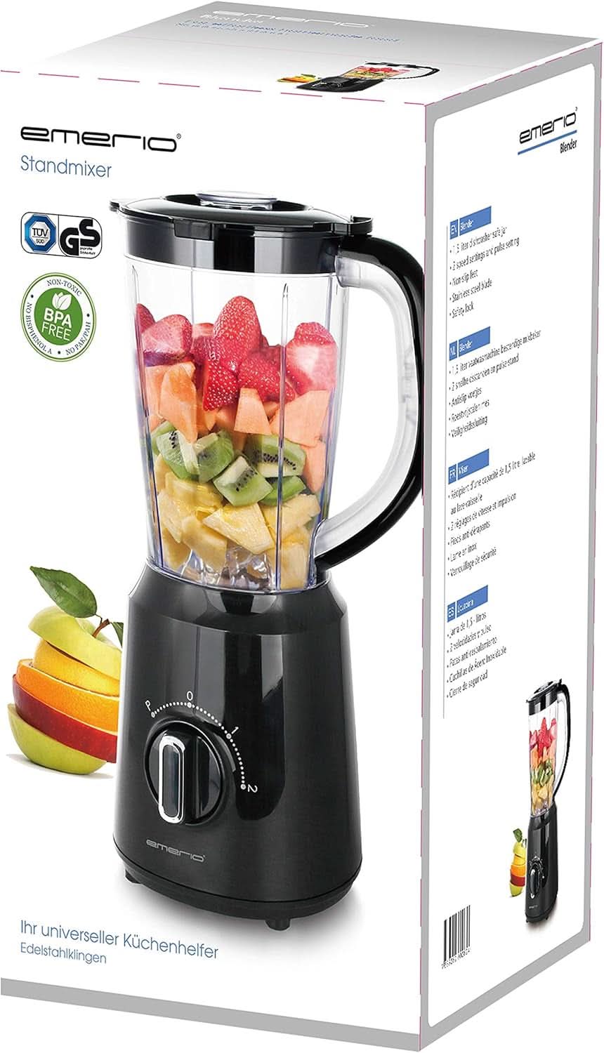 Emerio Batidora con base BPA Frei Crush Ice Función 1,5 L Behälter 2 Geschwindigkeiten + Pulse Funktion Messereinheit Aus Edelstahl Sicherheitsschalter Geschirrspülgeeignet 500 Watt BL-12816.8 Schwarz Bucatarie Naty Shop