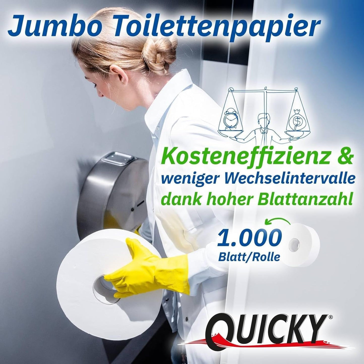 Papel higiénico Quicky Jumbo de 2 capas, 25 cm de diámetro, blanco brillante, con relieve de puntos finos, 6 rollos: absorbente y resistente al desgarro para una máxima higiene, ideal para instituciones públicas e industria