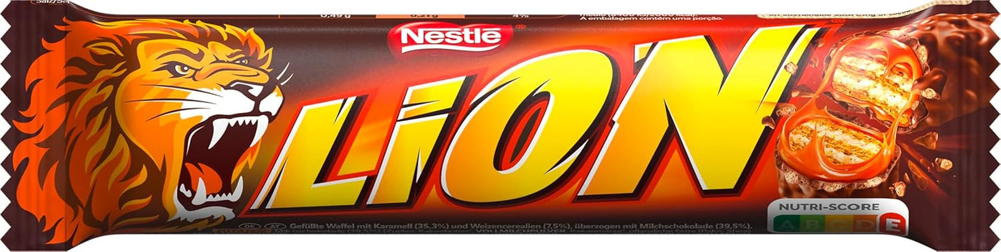 NESTLÉ LION Choco, barra de chocolate crujiente con relleno de caramelo y oblea crujiente, paquete de 24 (24 x 42g)