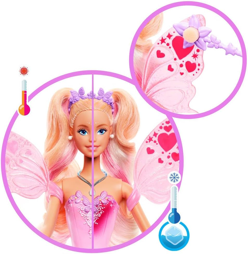 Muñeca Barbie Mattel con varita mágica y accesorios de moda, tema de fantasía con alas y atuendo que cambia de color, JCP76, [Multicolor]