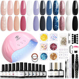 Modelones Juego de esmaltes de uñas de gel, 35 piezas, juego de esmaltes de uñas UV con lámpara de 48 W, juego de esmaltes de uñas de gel, color marrón, blanco y rosa, juego de esmaltes de uñas de gel UV con base de capa superior, juego de estudio de uñas