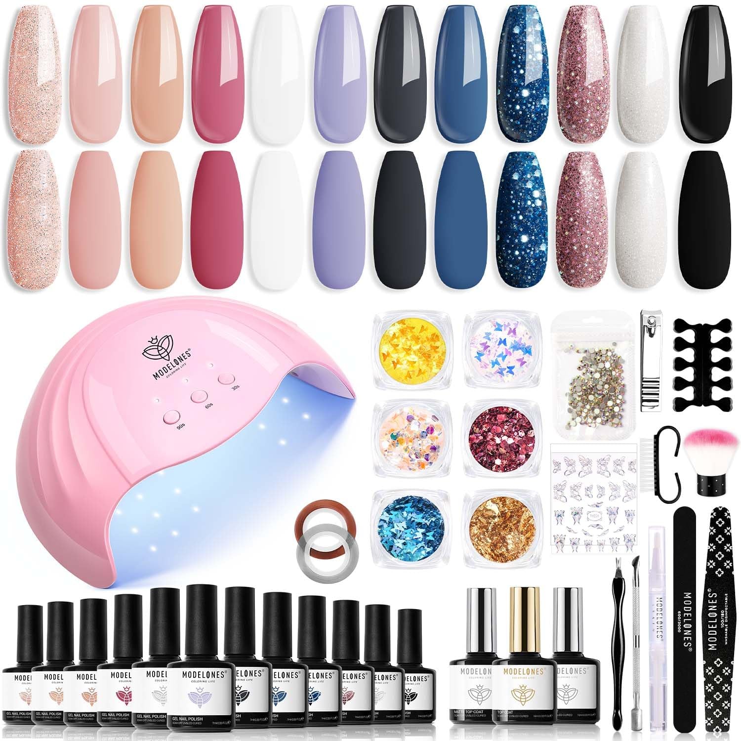 Modelones Juego de esmaltes de uñas de gel, 35 piezas, juego de esmaltes de uñas UV con lámpara de 48 W, juego de esmaltes de uñas de gel, color marrón, blanco y rosa, juego de esmaltes de uñas de gel UV con base de capa superior, juego de estudio de uñas
