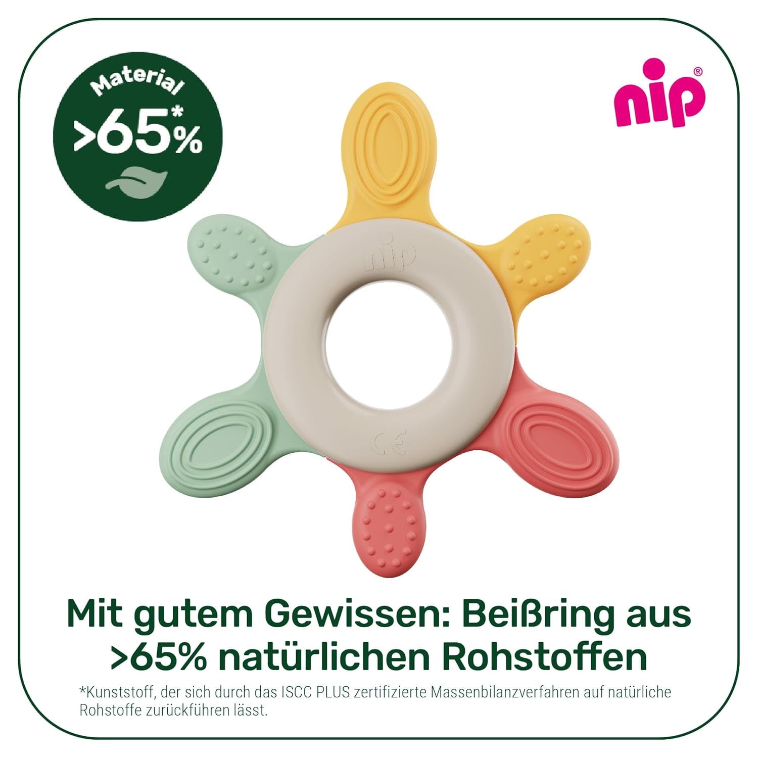 nip – Anillo de dentición | Mordedor sostenible para bebés a partir de 3 meses, elaborado con más de un 65% de materias primas naturales. Para un suave masaje de encías, lengua y dientes | Rojo/Verde/Naranja