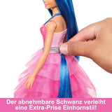 Barbie Hidden Magic - Muñeca Unicornio, Vestido Rosa con Detalles Azul Zafiro, Diadema de Unicornio, Alas y Cola de Zafiro Desmontables, Edades de 3 años en adelante, HRR16