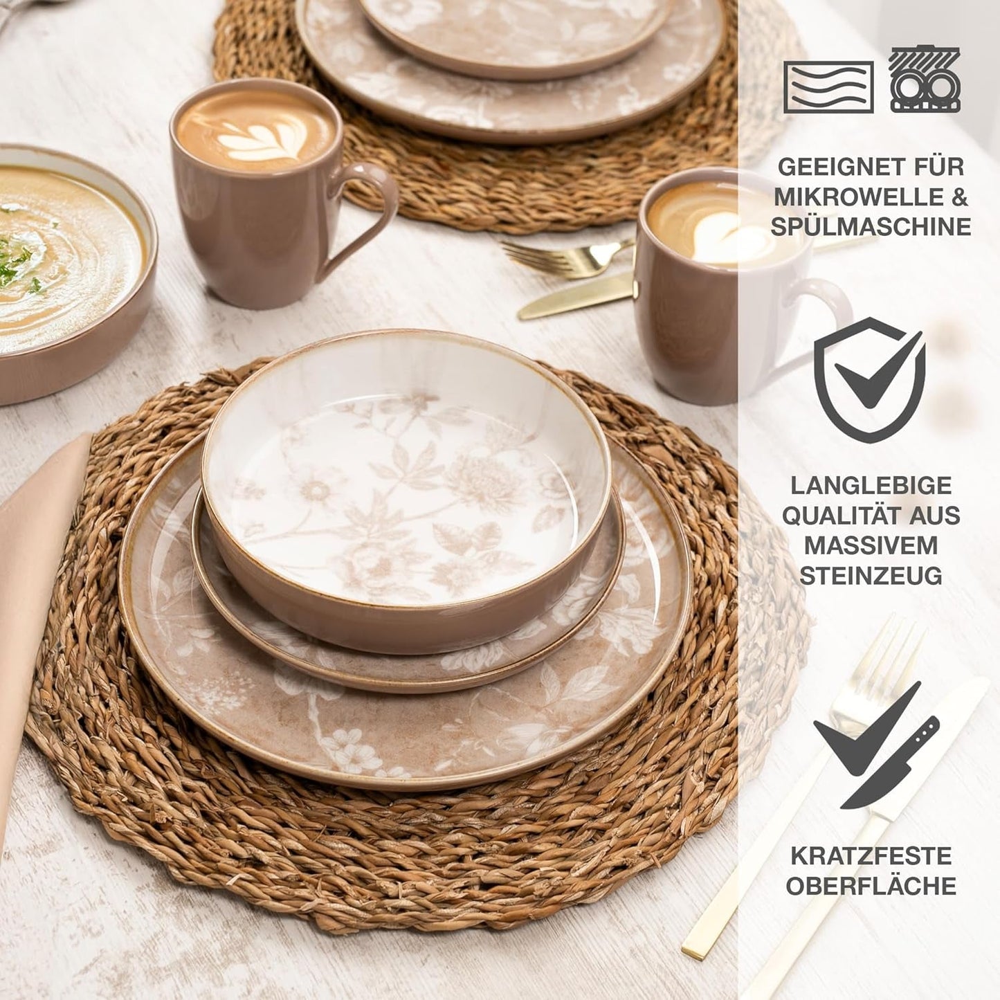 Moritz & Moritz MARIELLA Vajilla de gres de 24 piezas para 6 personas - Vajilla beige moderna con un diseño divertido, servicio de café de fácil cuidado con platos, cuencos y tazas - Juego combinado