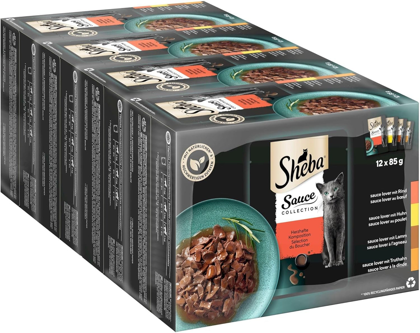 Sheba Sauce Collection Comida húmeda para gatos, sobres en porciones, paquete múltiple salado, 4x12x85g