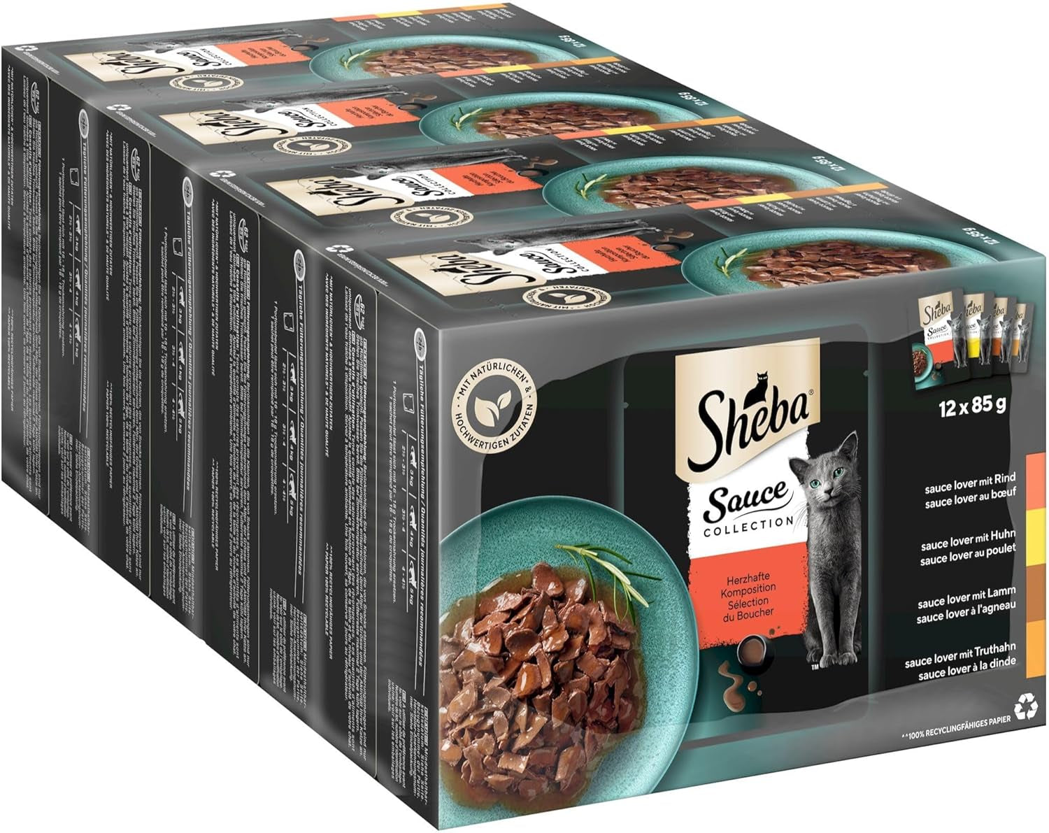 Sheba Sauce Collection Comida húmeda para gatos, sobres en porciones, paquete múltiple salado, 4x12x85g