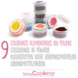 Scrapcooking - Juego de 9 colorantes alimentarios en polvo - Azul, Amarillo, Rosa, Púrpura, Naranja, Verde lima, Rojo, Rosa empolvado, Negro - Colorante en polvo comestible para tartas, muffins, macarons - 4270