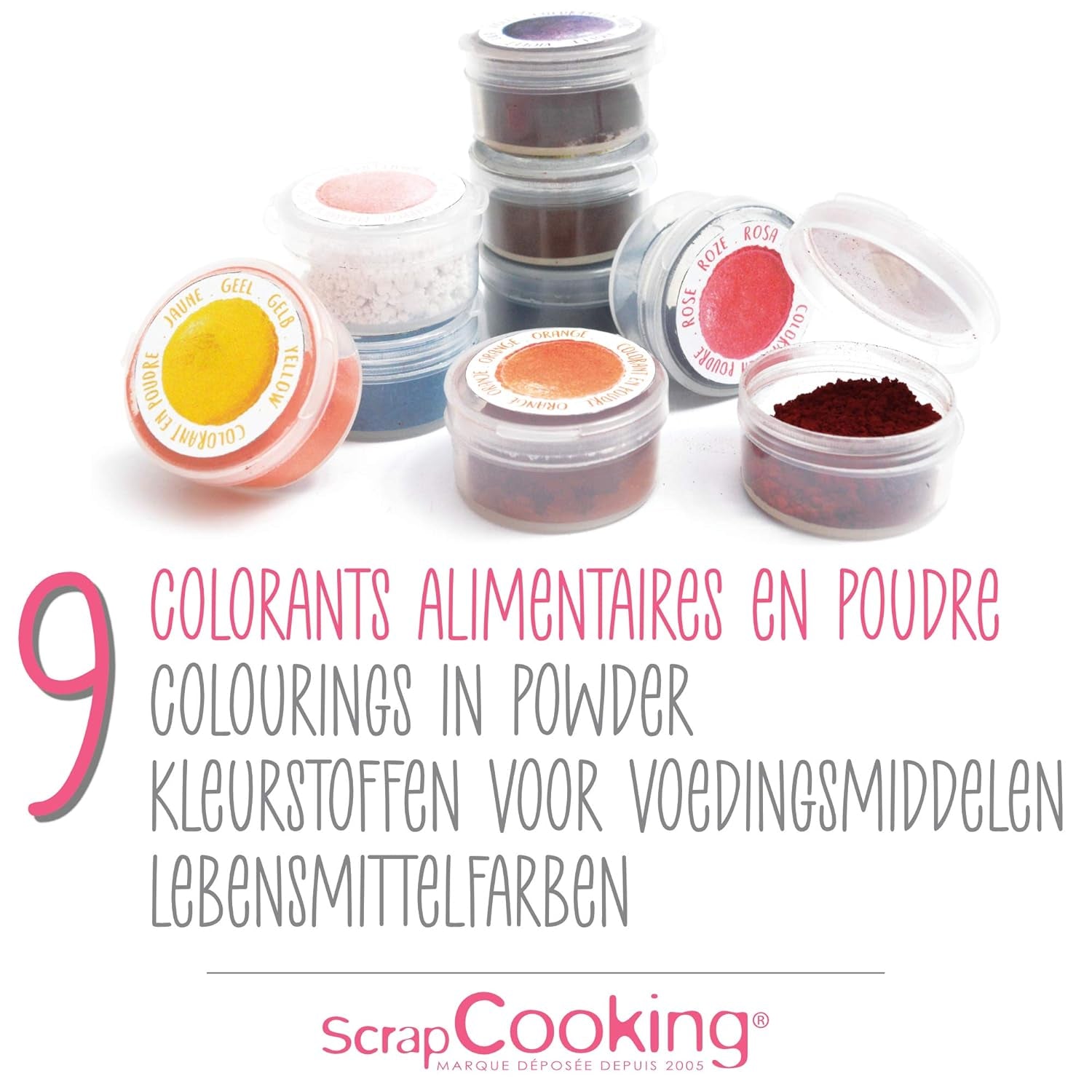 Scrapcooking - Juego de 9 colorantes alimentarios en polvo - Azul, Amarillo, Rosa, Púrpura, Naranja, Verde lima, Rojo, Rosa empolvado, Negro - Colorante en polvo comestible para tartas, muffins, macarons - 4270