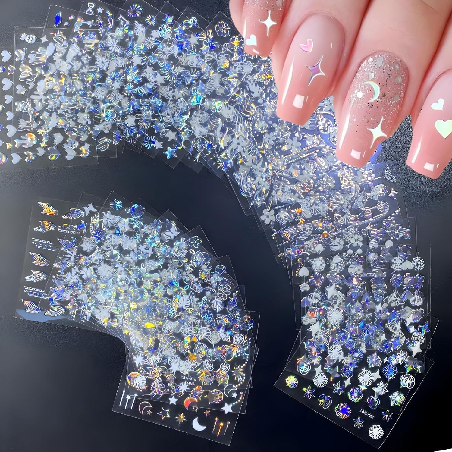 30 Blatt Aurora-Nagelkunst-Aufkleber, Selbstklebende 3D-Blumen-Nagelaufkleber, Aurora-Mond-Stern-Nagelaufkleber para Nagelkunst, Blatt-Herz-Nageldesign para bricolaje-acrílico-decoración