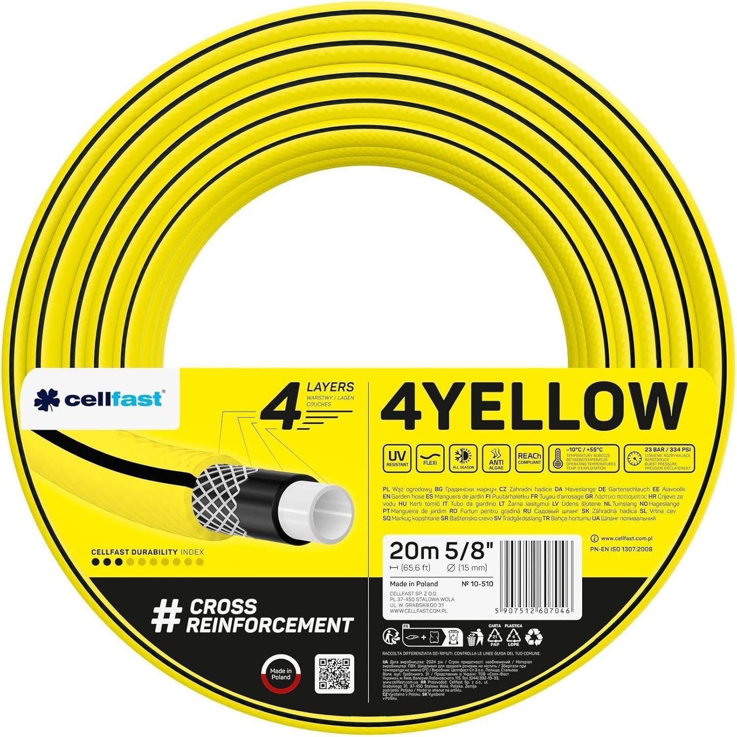 Manguera de jardín Cellfast AMARILLO, ligera, duradera, 4 capas, trenza cruzada duradera, resistente a los rayos UV y a las algas, resistente a la torsión, tecnología REACH, 20 bar, -10/+50°C, cierre: Temp. 5/8", 20m