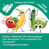 FRECHE FREUNDE Bolsita de fruta ecológica exprimible con manzanas, plátanos, espinacas y pepino, puré de frutas y verduras en bolsita exprimible para bebés a partir de 6 meses, vegano, paquete de 6 (6 x 100 g)