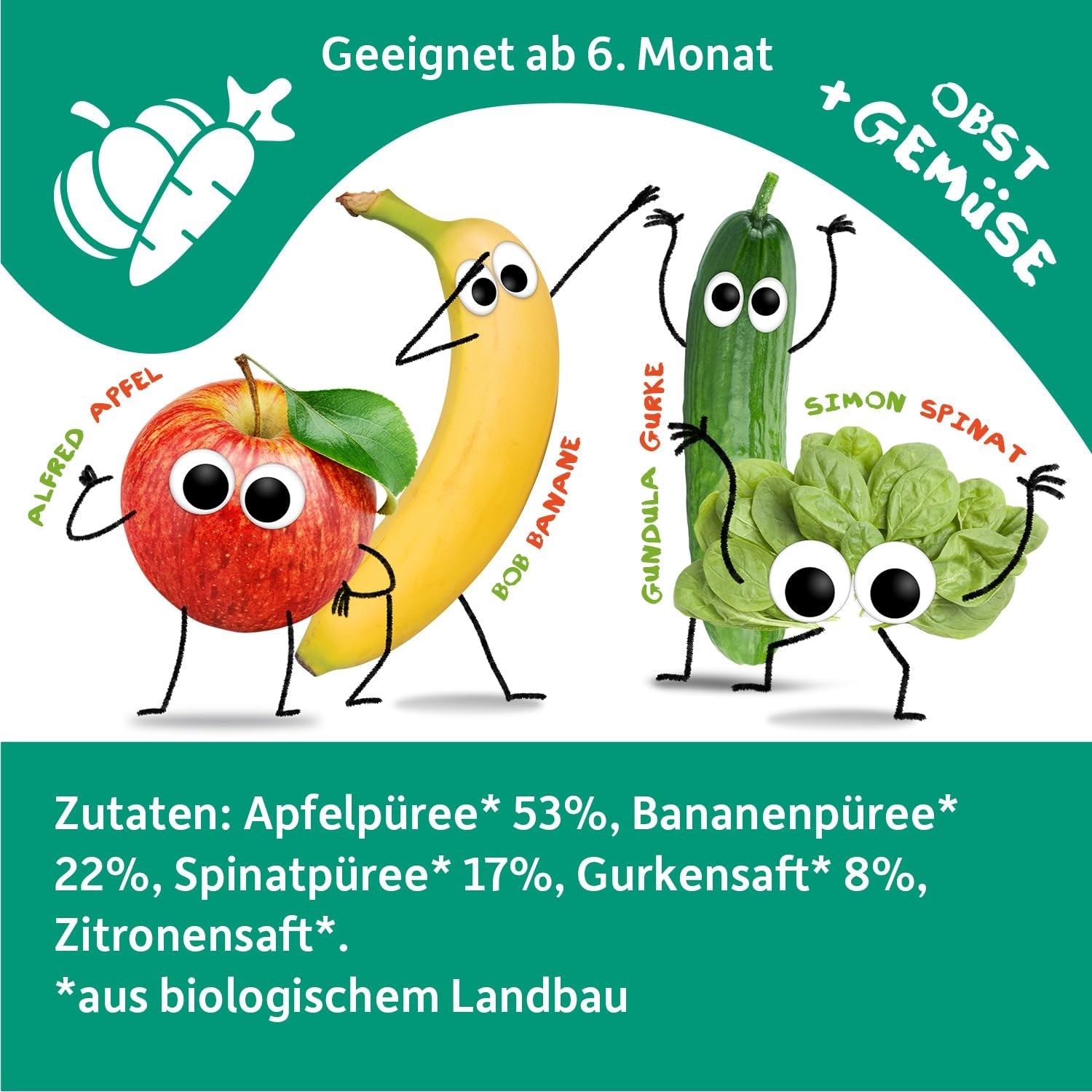 FRECHE FREUNDE Bolsita de fruta ecológica exprimible con manzanas, plátanos, espinacas y pepino, puré de frutas y verduras en bolsita exprimible para bebés a partir de 6 meses, vegano, paquete de 6 (6 x 100 g)