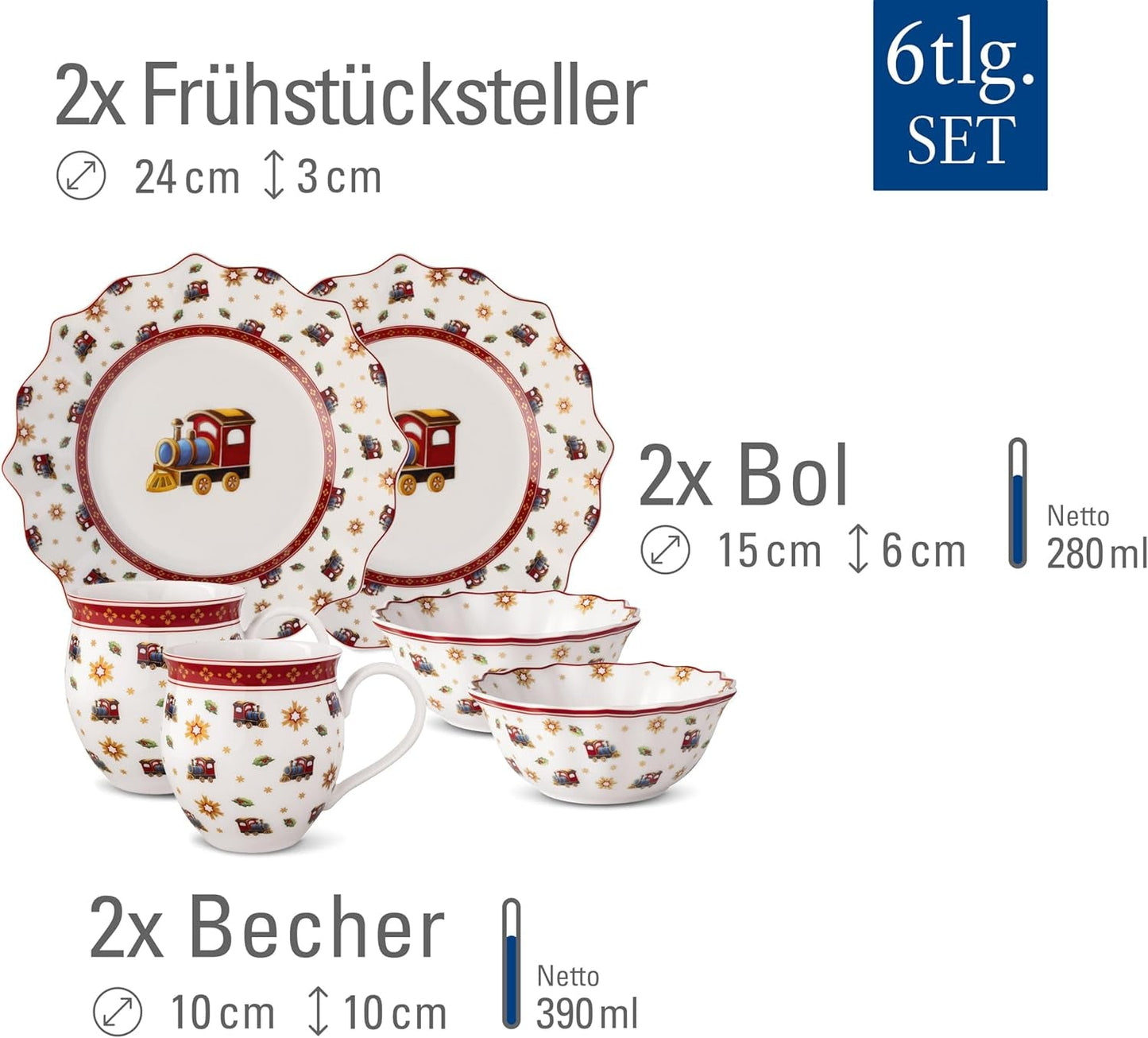 Villeroy & Boch - Toy's Delight Set de Desayuno para 2, Diseño de Locomotora, 6 Piezas, Colorido, navideño, vajilla con Platos, Tazas y Cuencos para el Desayuno, vajilla navideña, Porcelana Premium