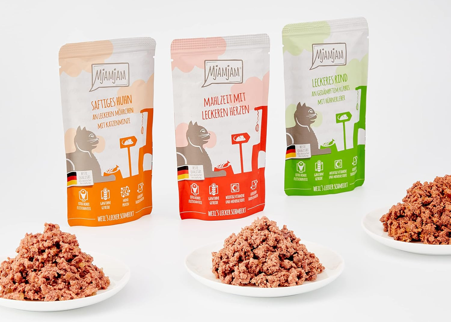 MjAMjAM - Comida húmeda premium para gatos - Paquete mixto I - Pollo, ternera y corazones Paquete de 12 (12 x 125 g), sin cereales y con carne extra