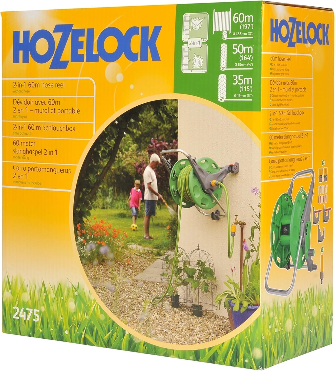 HOZELOCK - Carrete de manguera 2 en 1 (línea de soporte no incluida) 60 m: Independiente o montado en la pared, fácil de transportar pero resistente y duradero. Uso flexible en el jardín [2475R0000]