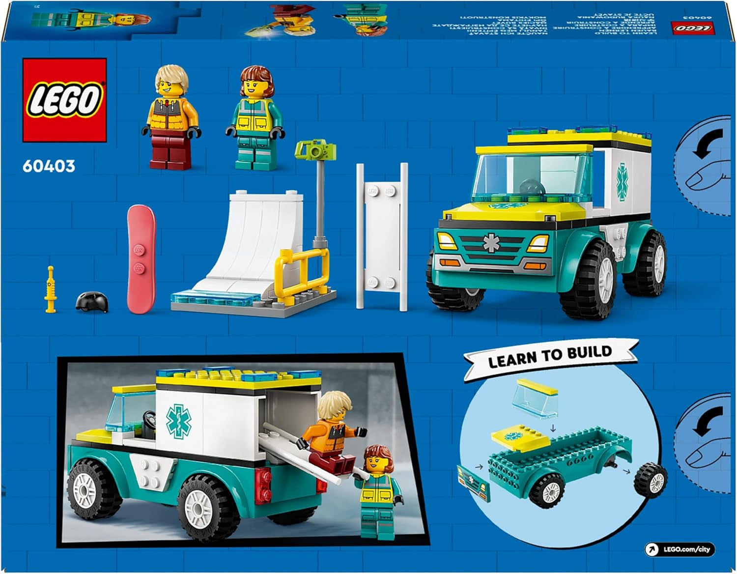 LEGO City Ambulancia y snowboarder, set de juego de ambulancia con coche de juguete y 2 minifiguras, figura de snowboarder y paramédico, regalo imaginativo para niños y niñas a partir de 4 años 60403 Juegos de construcción Besuche den LEGO-Store